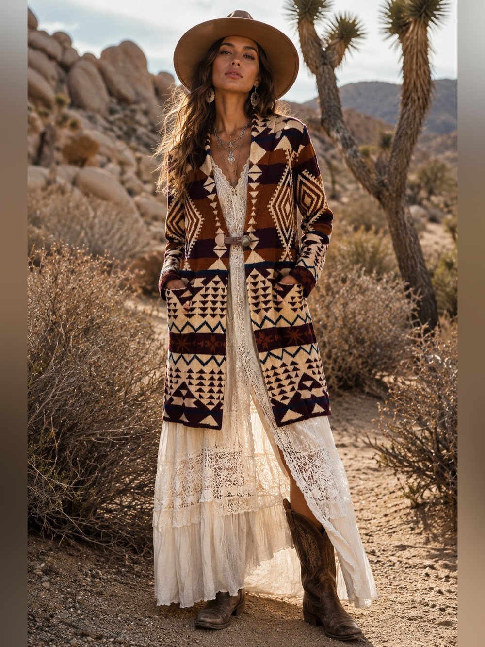 Boho Southwestern Geometric Longline Knit Cardigan  Size S